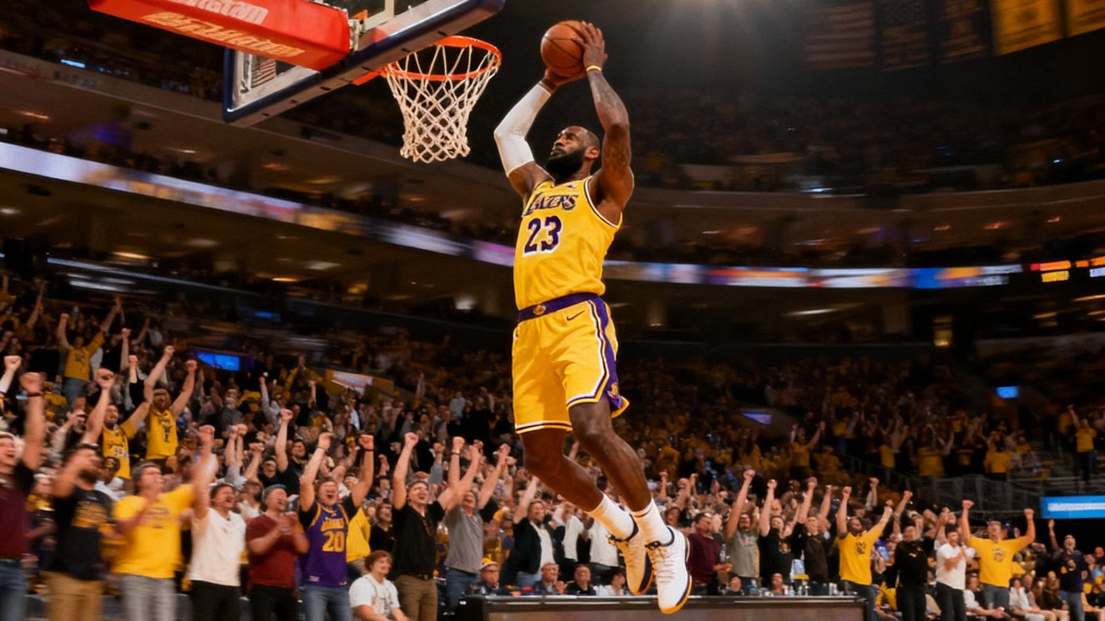 NBA常规赛湖人队比赛中詹姆斯完成精彩扣篮的瞬间，球馆内观众起立欢呼，灯光聚焦在球场中央
